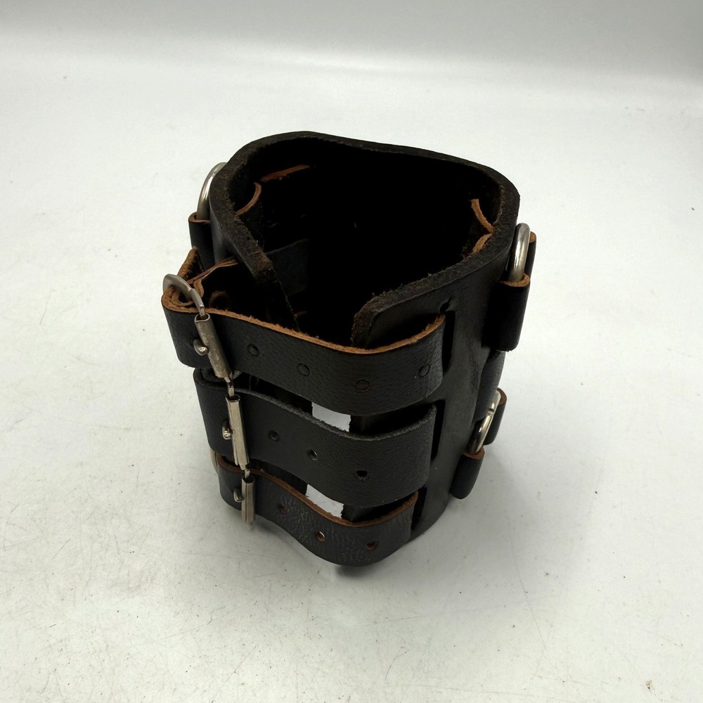 Black Leather Triple Buckle Cuff Bracelet O-Ring Wide Punk Biker Wristband